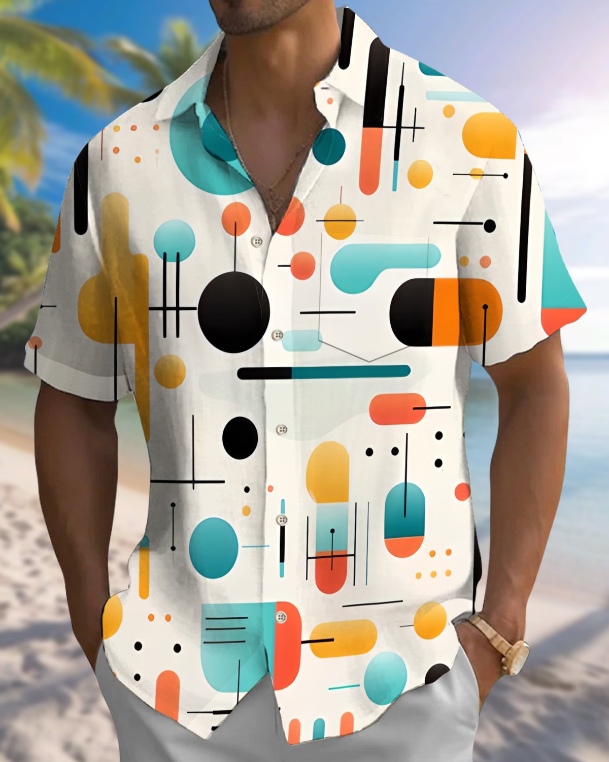 Alohadaddy® Men's Short-Sleeve Button-Down Shirt with Retro Geometric Art Print and Pocket