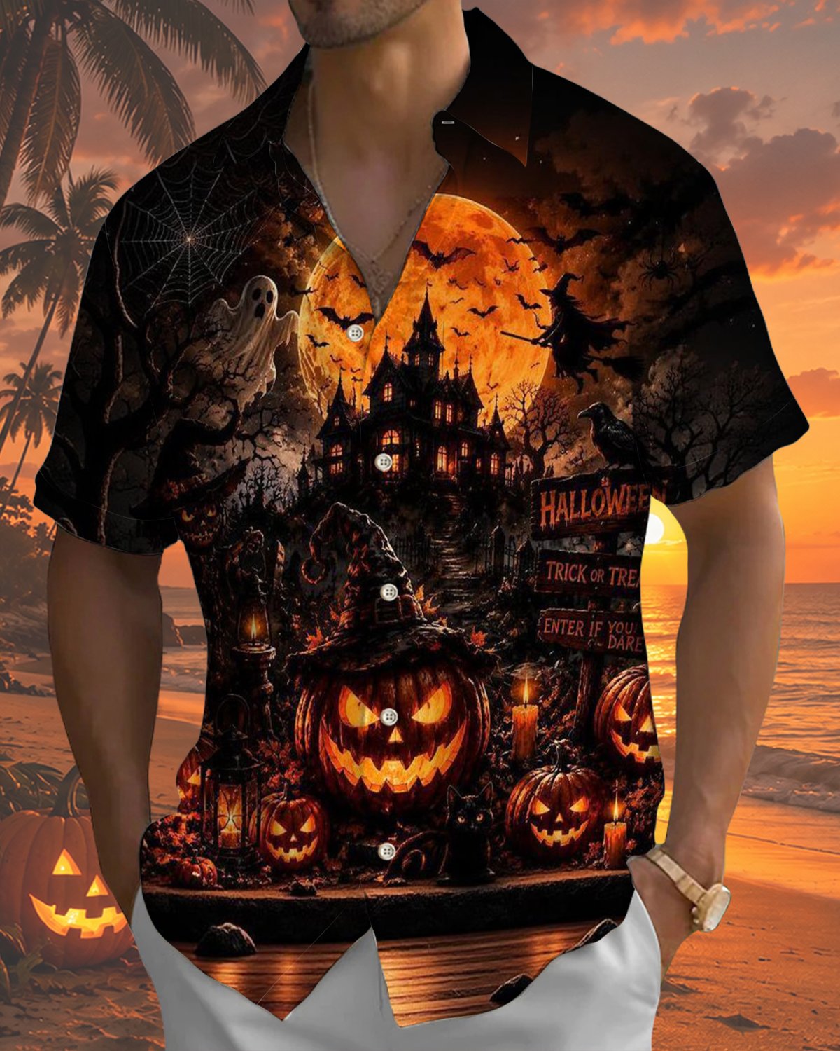 Alohadaddy® Men's Short-Sleeve Button-Down Shirt  Vintage Halloween Graphic Print with Pocket