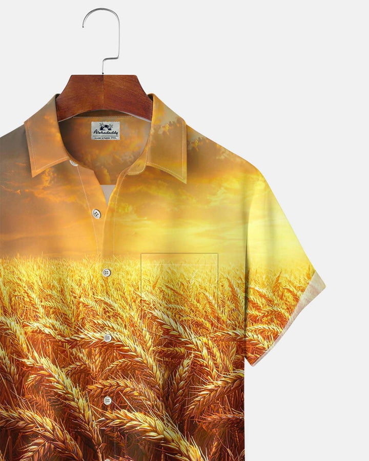 Alohadaddy® Holiday/Thanksgiving Wheat Field Print Button-Down Cardigan-Style Men’s Short-Sleeve Shirt with Pocket