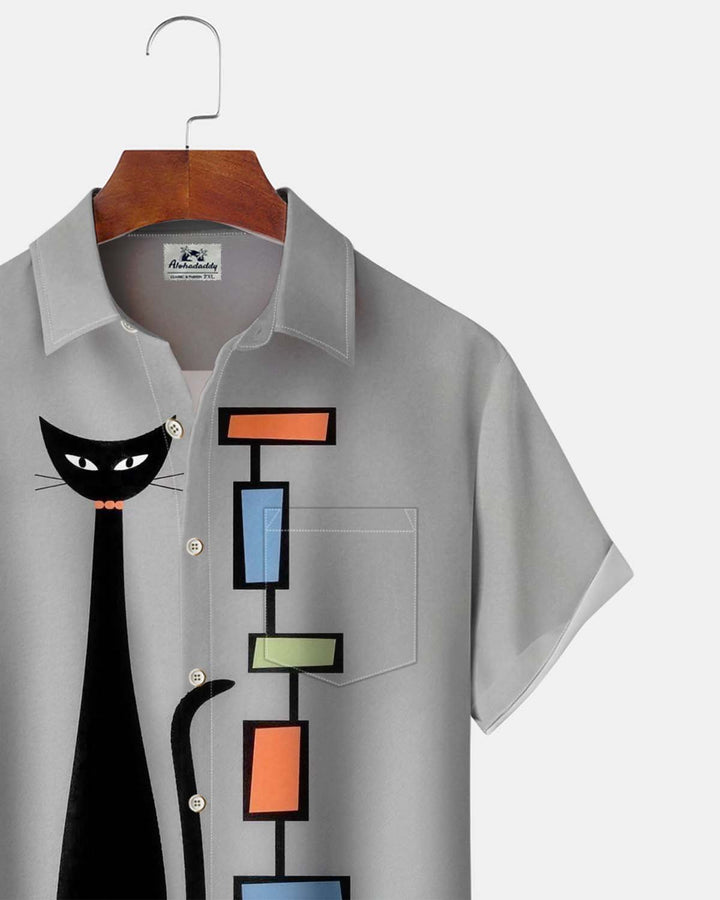 Alohadaddy® Casual Men’s Short-Sleeve Button-Down Shirt  Atomic Cat Graphic Print with Pocket