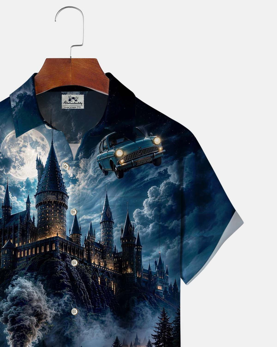 Alohadaddy® Men’s Short-Sleeve Button-Down Shirt with Vintage Magic Castle Graphic Print and Pocket