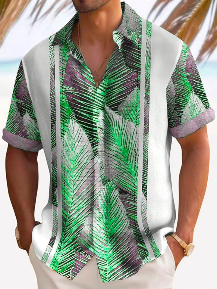 Camisa de manga corta con bolsillo abotonado y estampado de hojas botánicas vintage para hombre de Alohadaddy