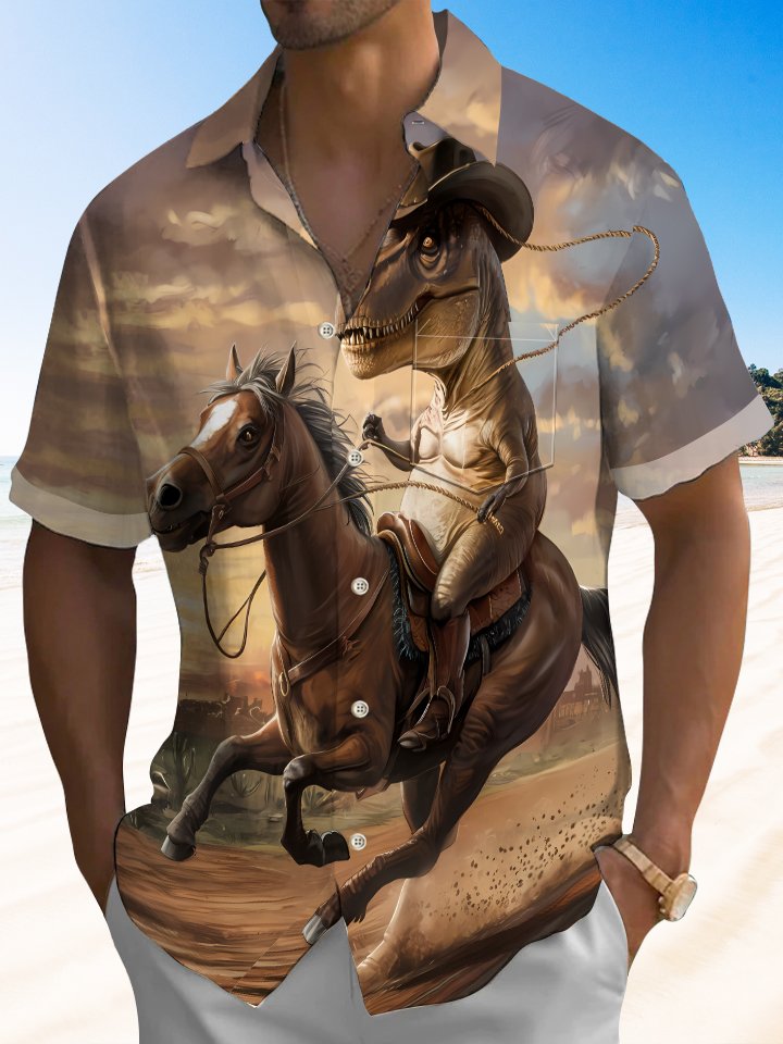 Alohadaddy Hawaii Vacation Dinosaur Denim Print Art Pocket Button Short Sleeve Stretch Large Size Men&