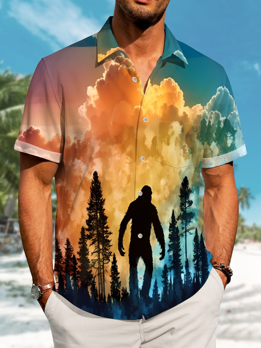 Alohadaddy Hawaii Resort Style Bigfoot Silhouette Print Art Buttons Stretch Large Size Men&