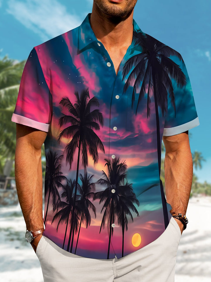 Alohadaddy Hawaii Resort Style Botanical Sunset Print Art Pocket Buttons Plus Size Stretch Shirt