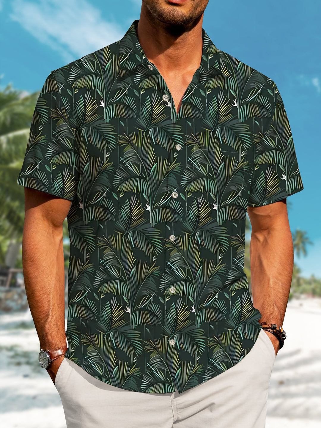 Alohadaddy Hawaiian Vacation Palm Tree Print Art Pockets Buttons Stretch Oversized Shirt