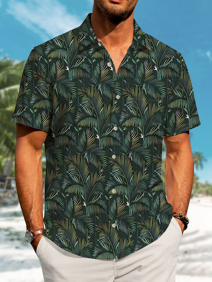 Alohadaddy Hawaiian Vacation Palm Tree Print Art Pockets Buttons Stretch Oversized Shirt