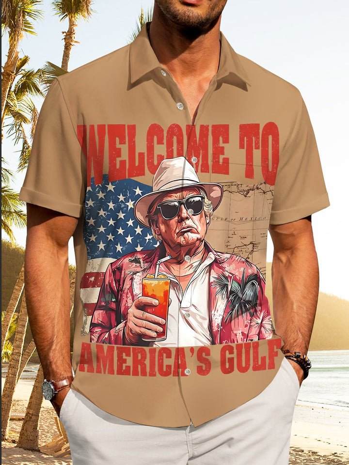 Alohadaddy Casual Trump Print Art Pocket Button Stretch Large Size Shirt