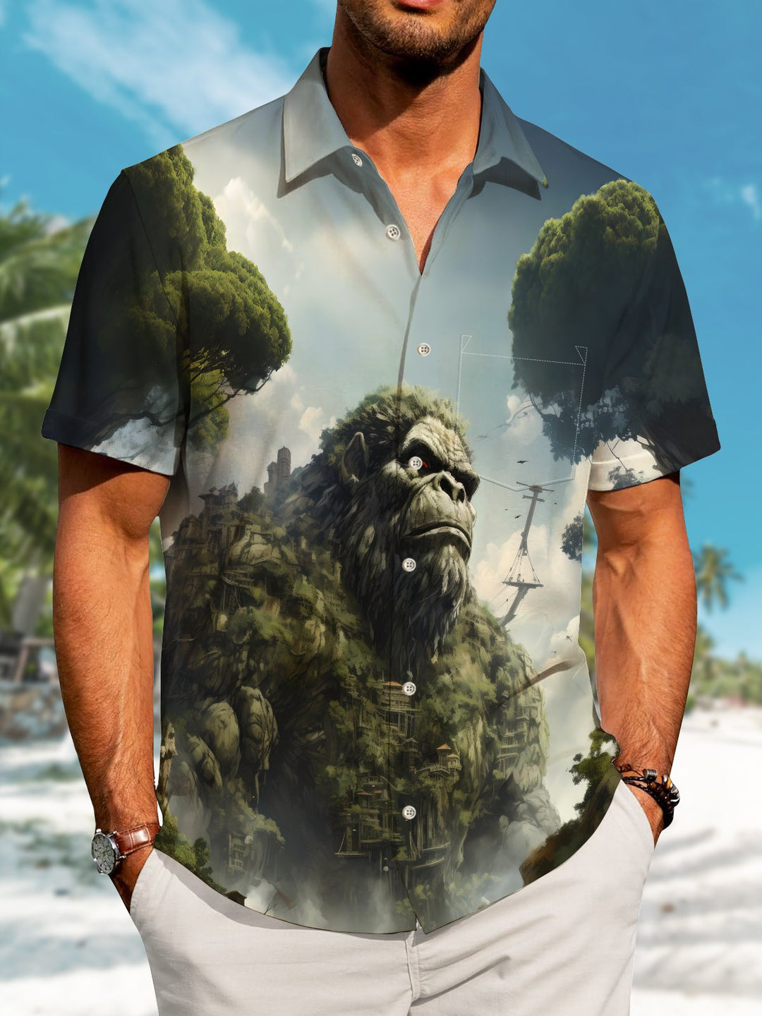 Alohadaddy Hawaii Bigfoot Casual Print Art Button Cardigan Pockets Stretch Large Size Short Sleeve Shirt