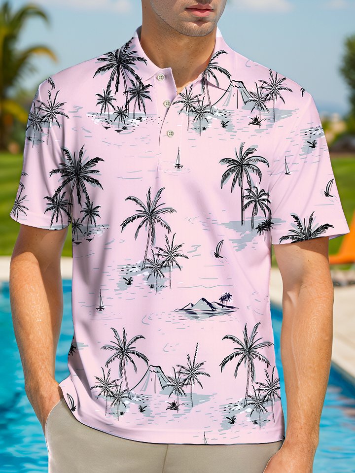 Alohadaddy Hawaiian Palm Trees Print Art Button Elastic Large Size Short Sleeve Polo Shirt