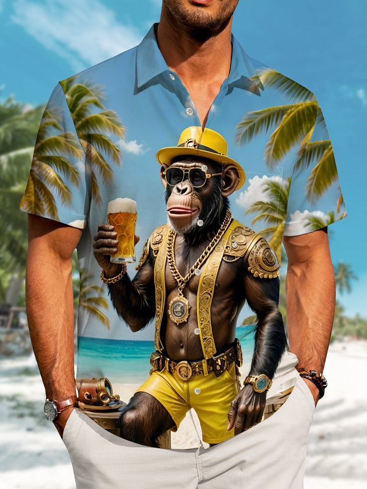 Alohadaddy Hawaiian Orangutan Vacation Print Art Button Cardigan Pocket Stretch Large Size Long Short Sleeve Shirt