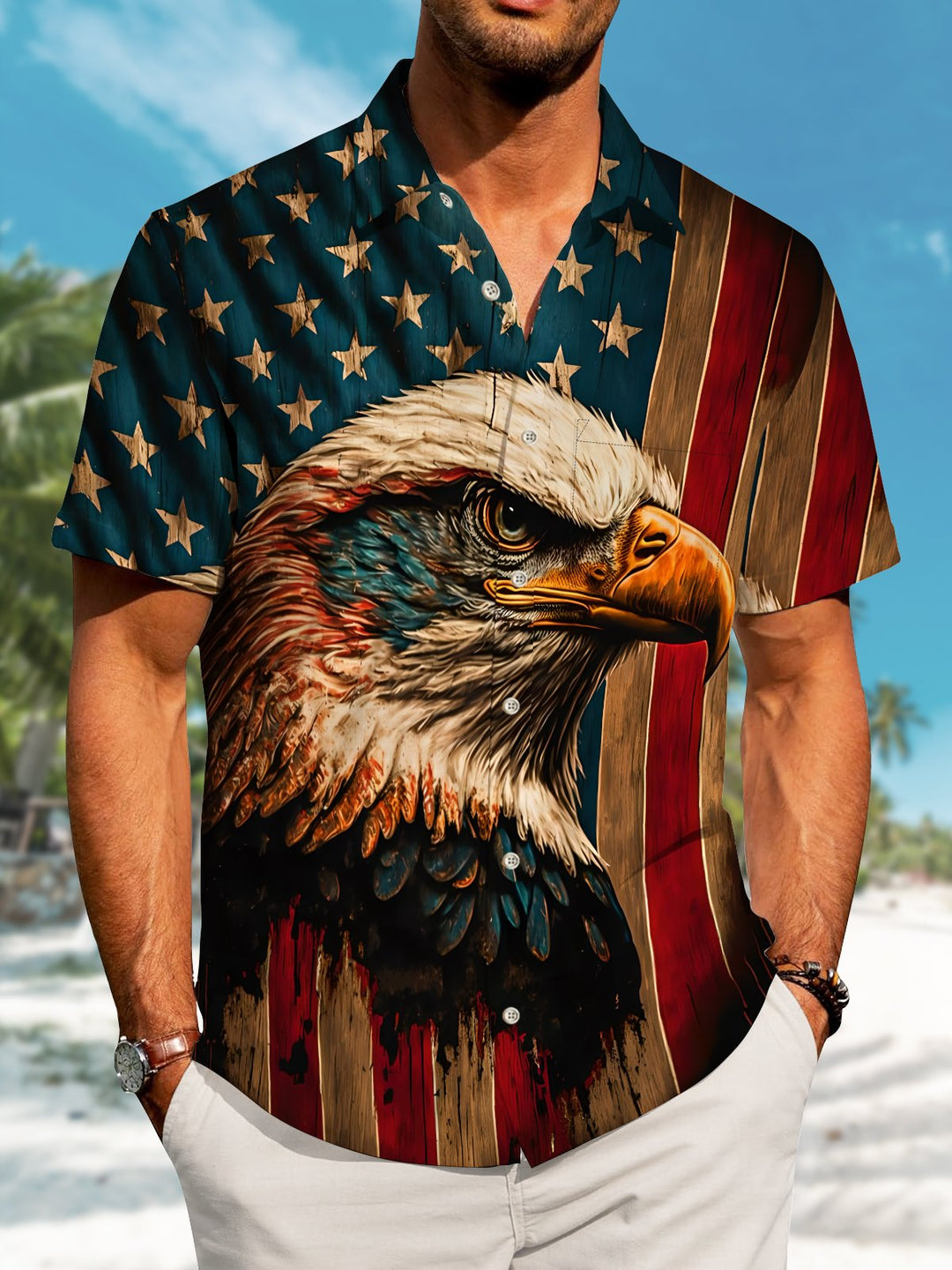 Alohadaddy Casual Independence Day American Flag Eagle Drawing Art Button Cardigan Pocket Stretch Large Size Long Short Sleeve Shirt