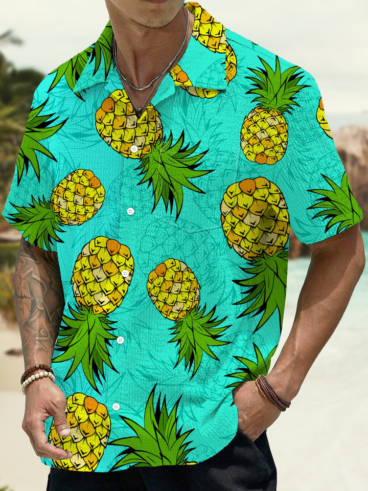 Alohadaddy Hawaiian Pineapple Art Print Cardigan Button Pockets Stretch Long Oversized Short Sleeve Shirt