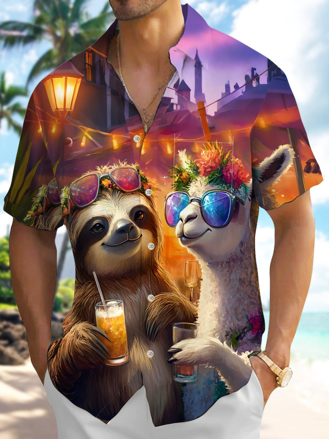 Alohadaddy Casual Vacation Sloth Alpaca Print Art Pocket Cardigan Button Polyester Stretch Short Sleeve Shirt