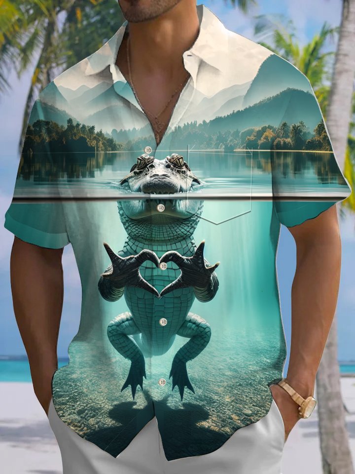 Alohadaddy Hawaiian Vacation Crocodile Heart Print Art Button Cardigan Pockets Breathable Soft Long Large Size Short Sleeve Shirt