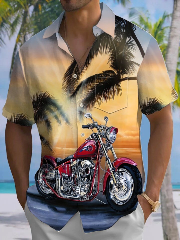 Alohadaddy Hawaiian Leisure Vacation Motorcycle Print Art Button Pocket Cardigan Stretch Large Size Short Sleeve Shirt