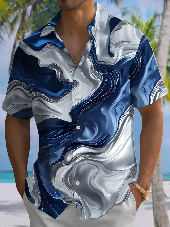 Alohadaddy Casual Everyday Hawaii Blue and White Abstract Texture Print Art Polyester Pocket Cardigan Stretch Long Large Size Short Sleeve Shirt
