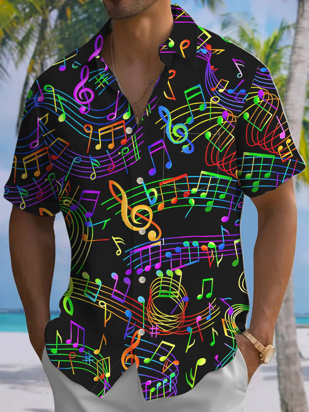 Alohadaddy® Casual Music Notes Printed Chest Pocket Men&