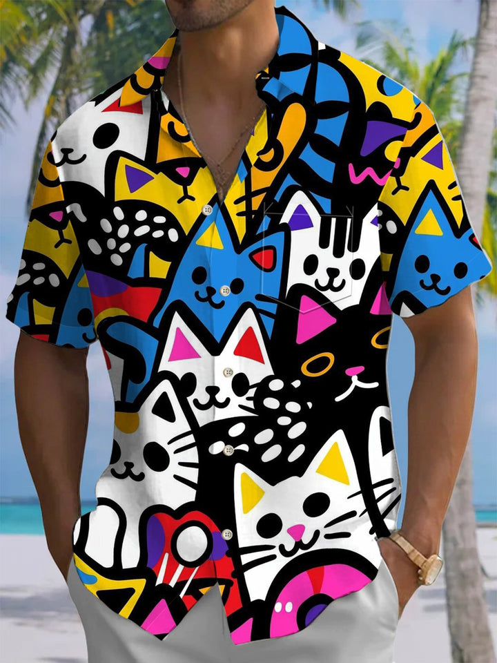 Alohadaddy® Casual Graffiti Cat Print Art Chest Pocket Moisture Wicking Men&