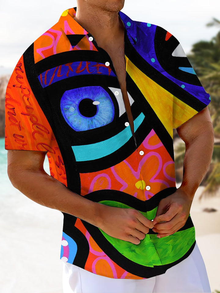 Alohadaddy® Casual Graffiti Abstract Print Art Chest Pocket Men Short Sleeve Shirt Big &amp; Tall