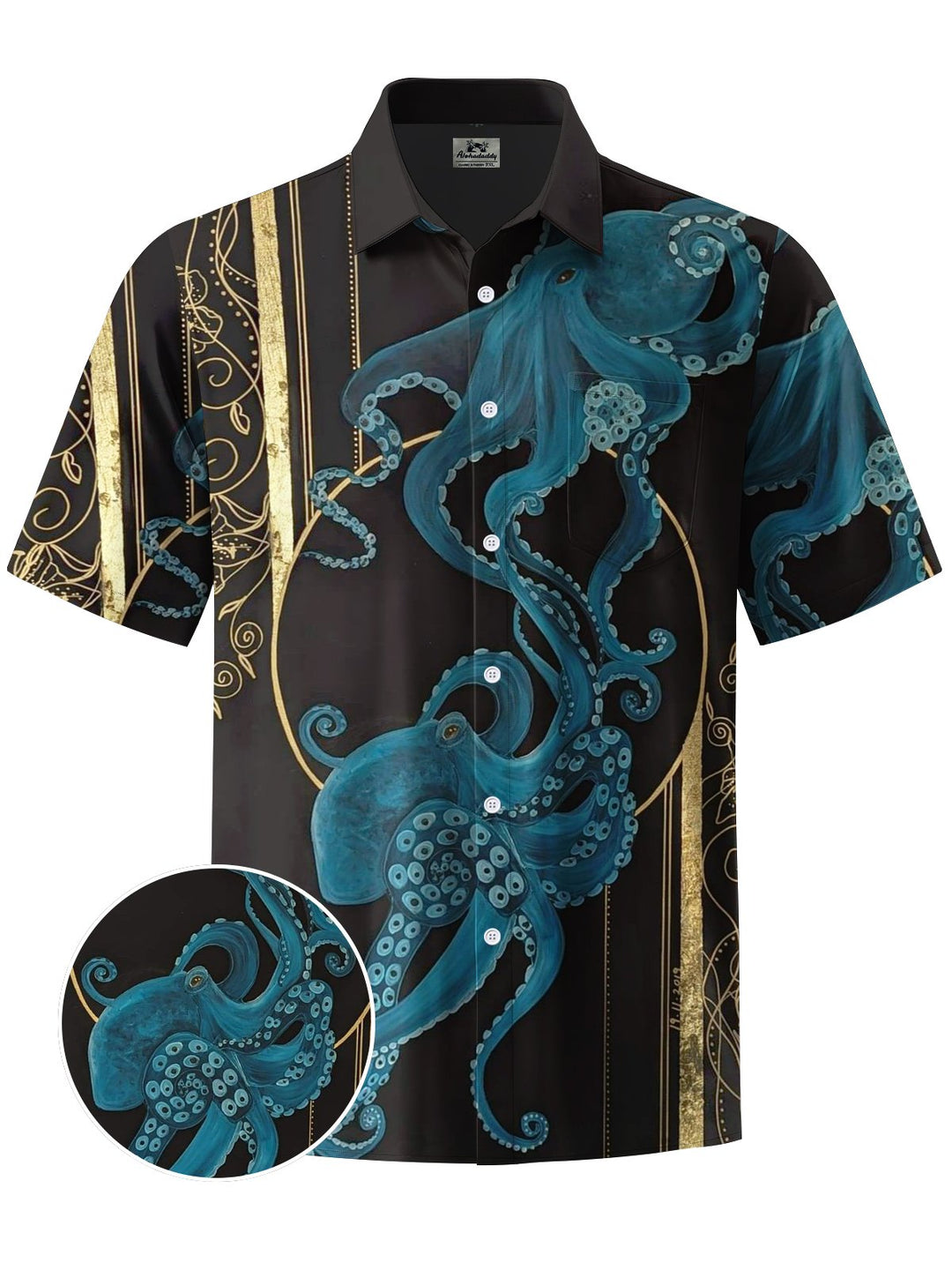 Alohadaddy® Casual Octopus Stripe Art Print Chest Pocket Mens Short Sleeve Shirt Big &amp; Tall