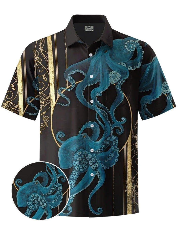 Alohadaddy® Casual Octopus Stripe Art Print Chest Pocket Mens Short Sleeve Shirt Big &amp; Tall