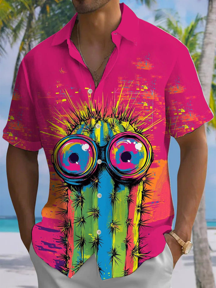 Alohadaddy® Vintage Cactus Expression Art Print Chest Pocket Mens Short Sleeve Shirt Big &amp; Tall