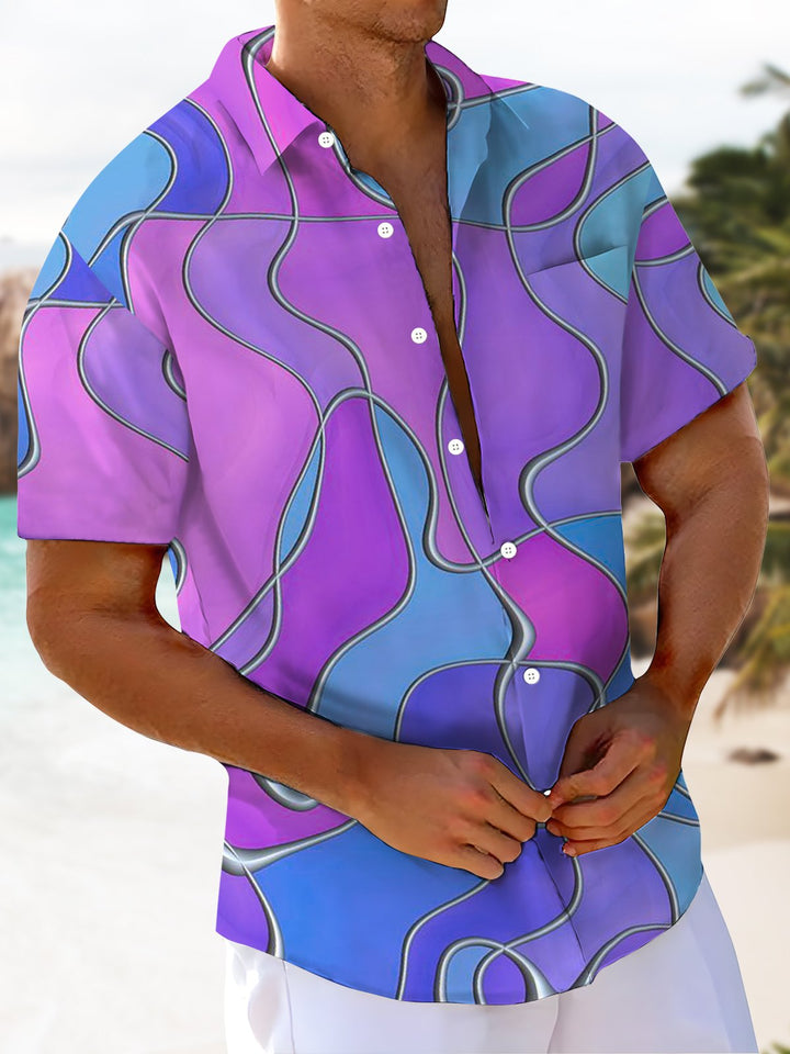 Alohadaddy® Casual Abstract Stripe Art Print Chest Pocket Stretch Men&