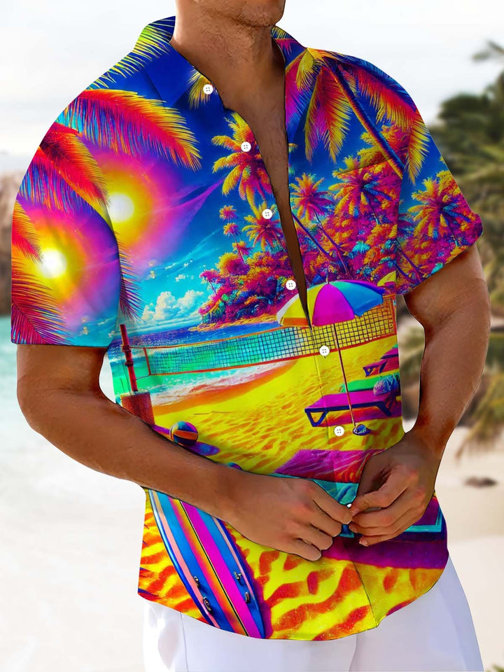 Alohadaddy® Hawaiian Coconut Tree Beach Vacation Print Artwork Chest Pocket Men&