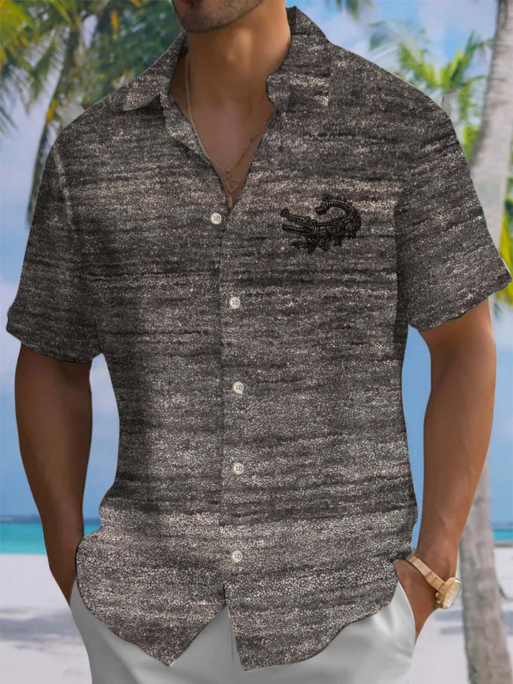 Alohadaddy® Vintage Textured Crocodile Print Art Chest Pocket Stretch Men&