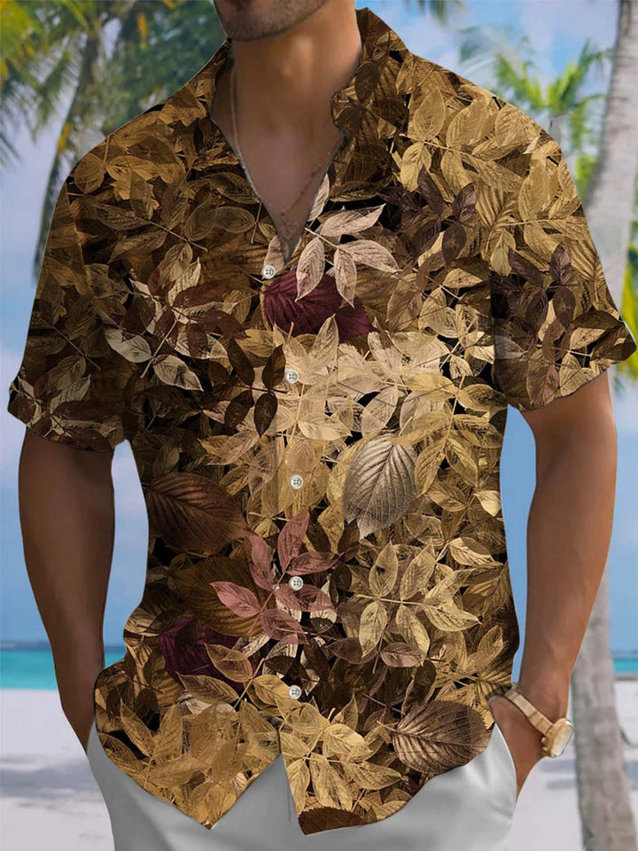 Alohadaddy® Vintage Leaf Art Print Chest Pocket Stretch Men&