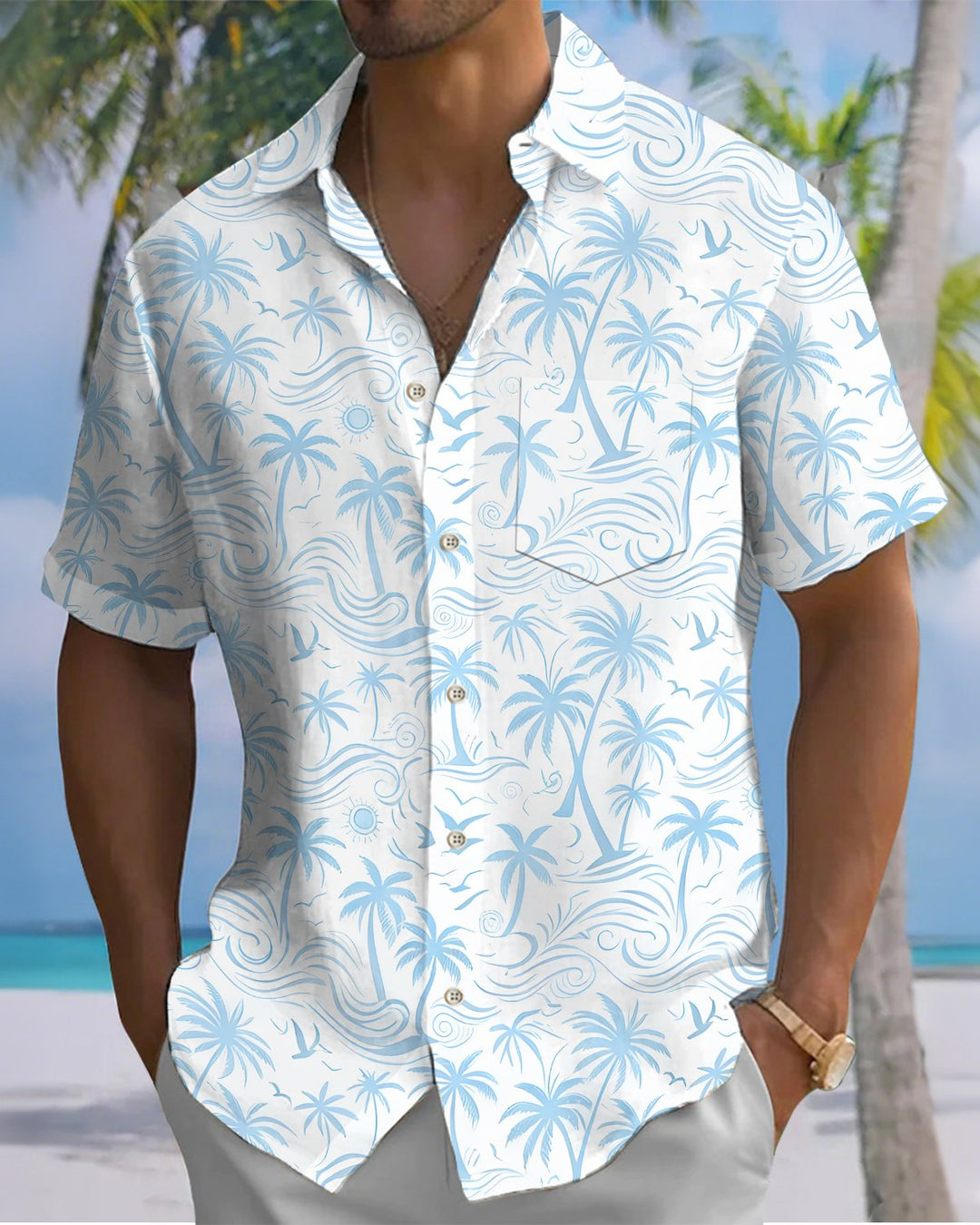 Alohadaddy® Hawaiian Palm Tree Print Art Button Pocket Cardigan Men&