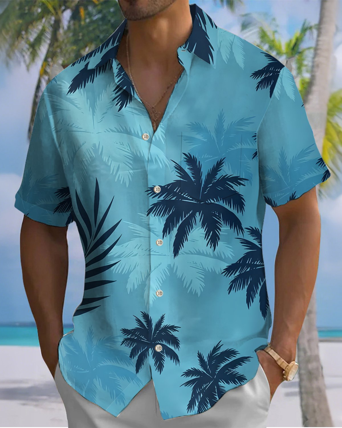 Alohadaddy® Hawaiian Palm Tree Print Art Button Pocket Cardigan Men's Short Sleeve Shirt