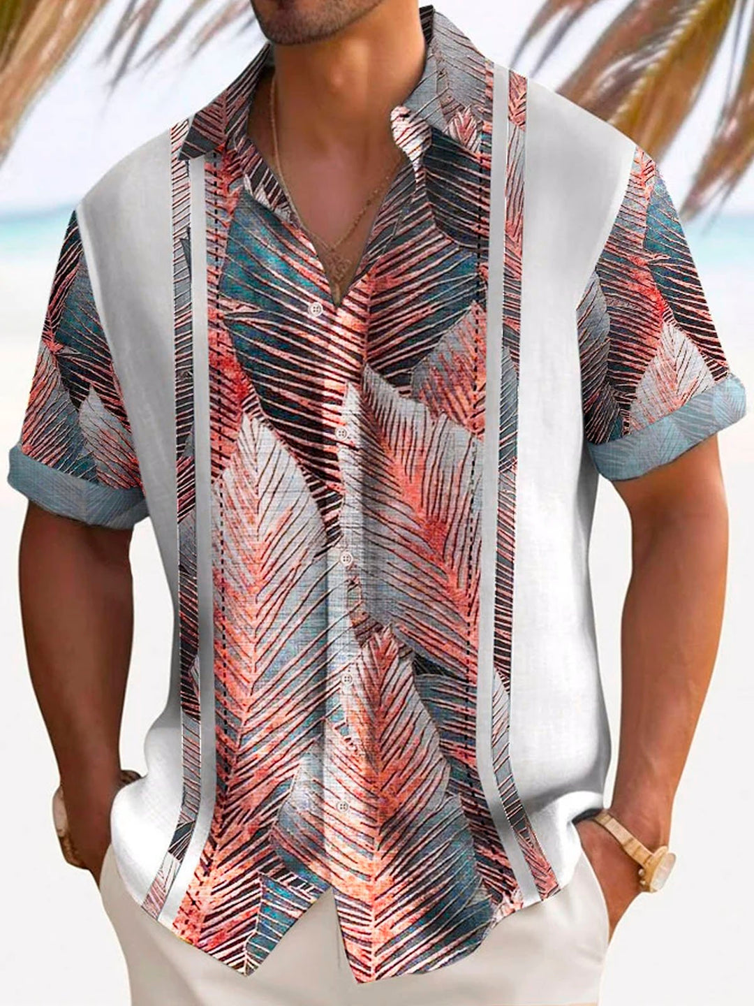 Camisa de manga corta con bolsillo abotonado y estampado de hojas botánicas vintage para hombre de Alohadaddy
