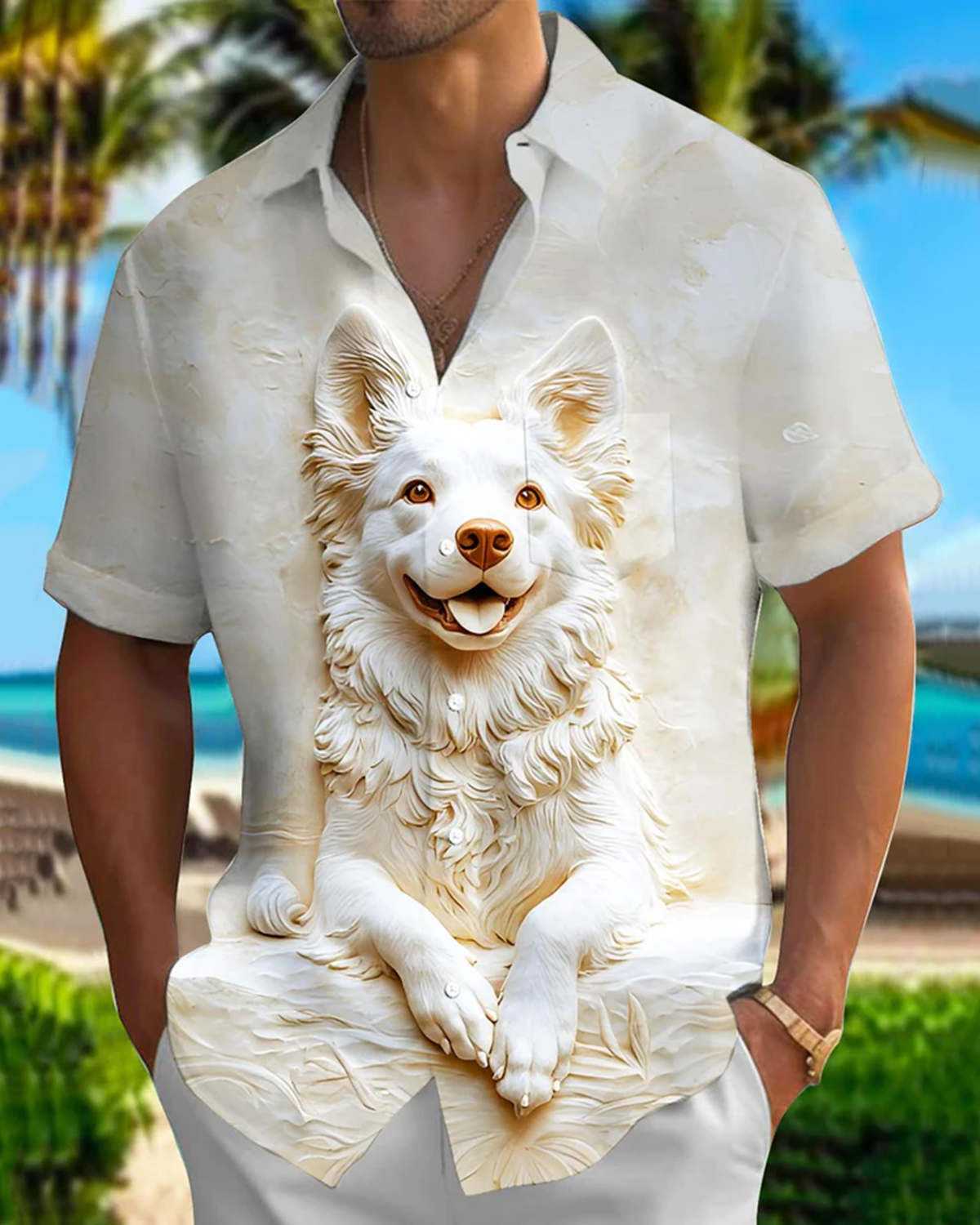 Alohadaddy® Casual Wolf & Dog Woodcarving Print Men's Short-Sleeve Shirt with Buttons - Big & Tall