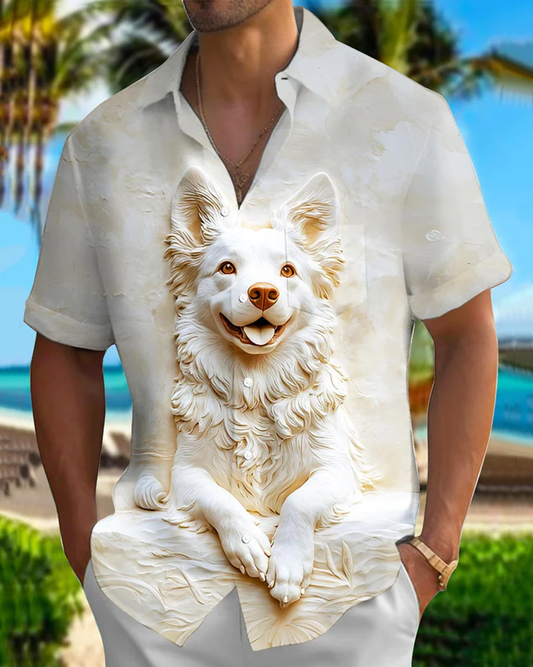 Alohadaddy® Casual Wolf &amp; Dog Woodcarving Print Men&