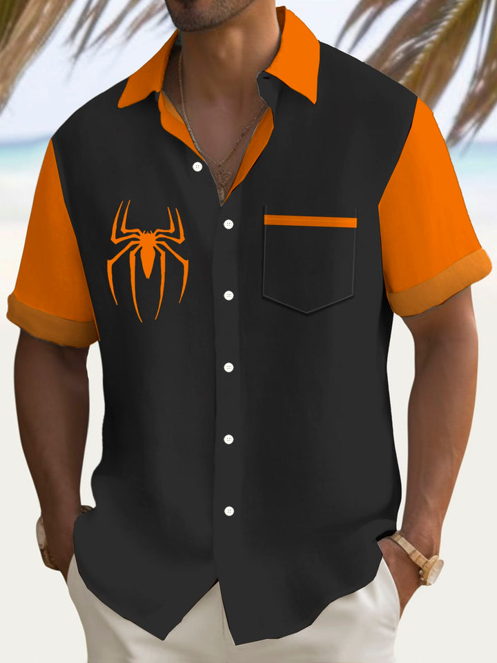 Chemise à manches courtes et poches à boutons pour homme avec imprimé numérique 3D Halloween Spider d&