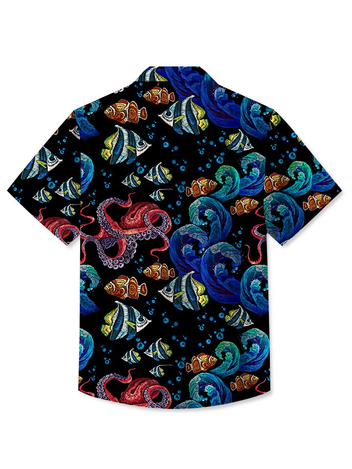 Camisa hawaiana Alohadaddy con diseño de pulpo, pez tropical y vida marina para vacaciones en la playa