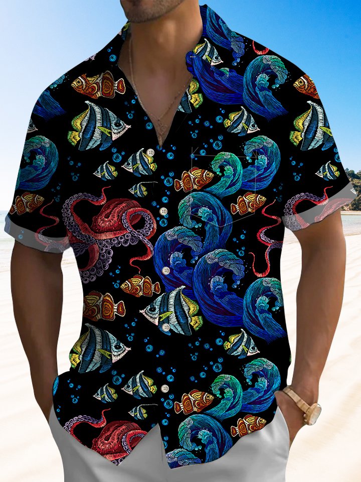 Camisa hawaiana Alohadaddy con diseño de pulpo, pez tropical y vida marina para vacaciones en la playa