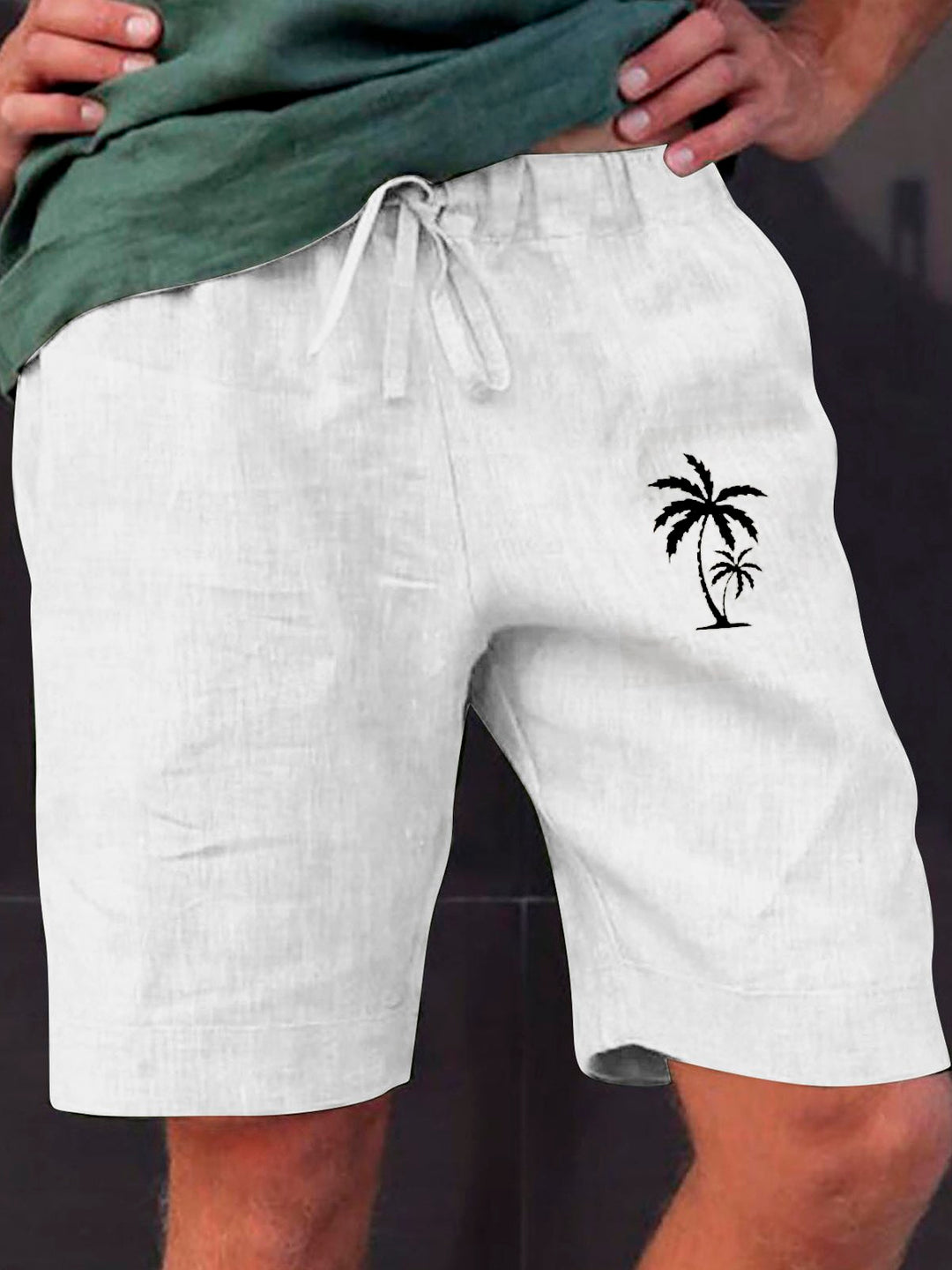 Alohadaddy flax coconut tree print breathable moisture absorption casual shorts