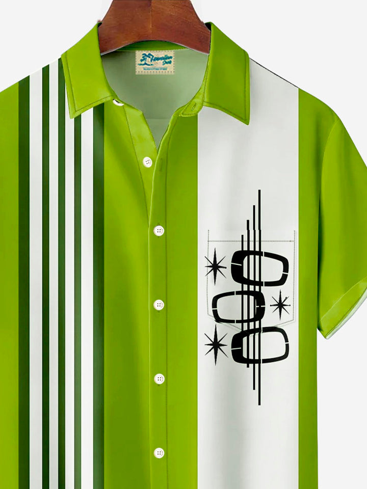 Camisa de manga corta con bolsillo abotonado y estampado 3D de rayas geométricas de bolos retro de Alohadaddy para hombre, talla grande y alta