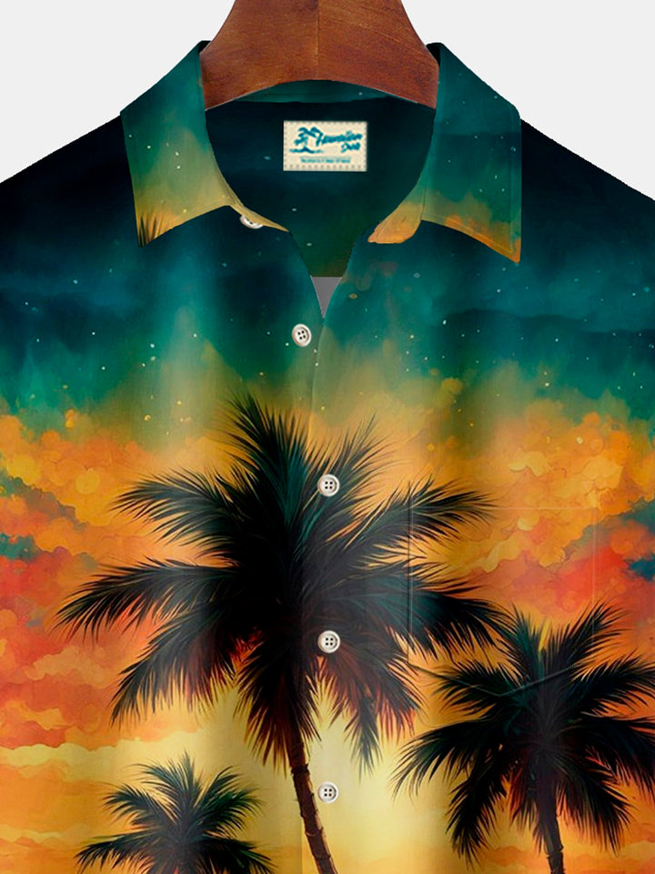 Chemise à manches courtes avec poche boutonnée pour homme Alohadaddy Hawaiian Coconut Tree Sunset Landscape 3D Digital Print Big &amp;amp; Tall