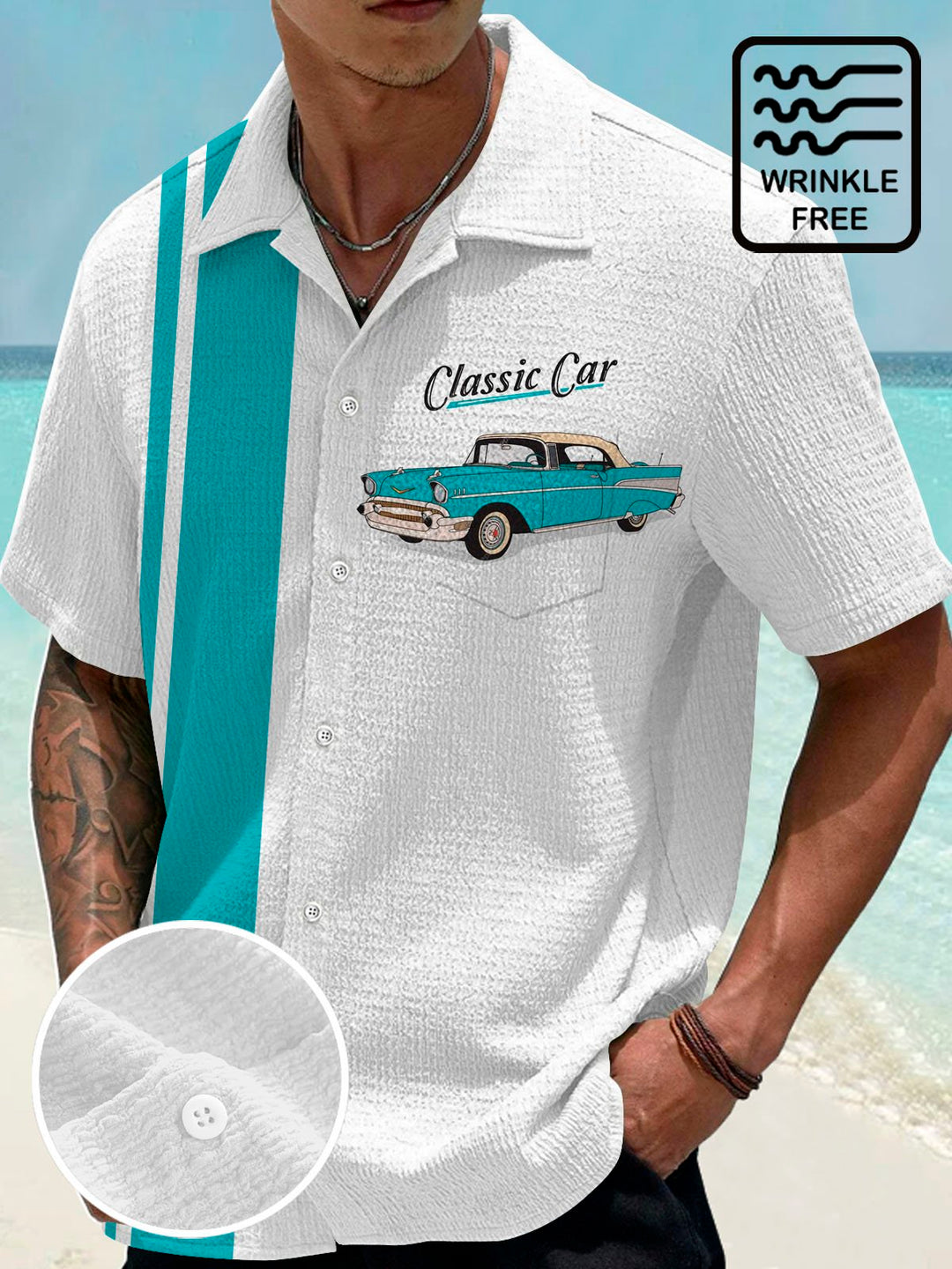 Camisa de manga corta con bolsillo abotonado y estampado digital 3D de coches clásicos retro para hombre de Alohadaddy, talla grande y alta