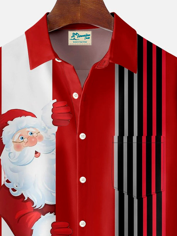 Camisa de manga corta con bolsillo y botones para hombre, con estampado digital 3D y gorro navideño de Papá Noel de Alohadaddy, estilo retro de bolos, talla grande y alta