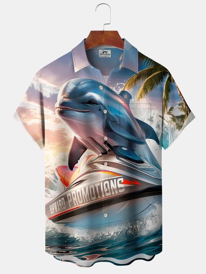 Alohadaddy Hawaii Vacation Dolphin Jet Ski Printed Art Pockets Buttons Short Sleeve Stretch Plus Size Men&