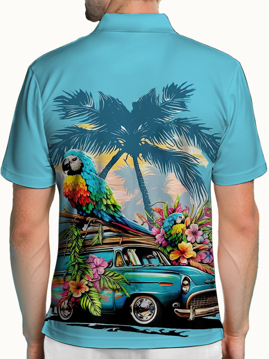 Alohadaddy Casual Everyday Hawaii Parrot Car Print Art Stretch Large Size Button Short Sleeve Polo Shirt