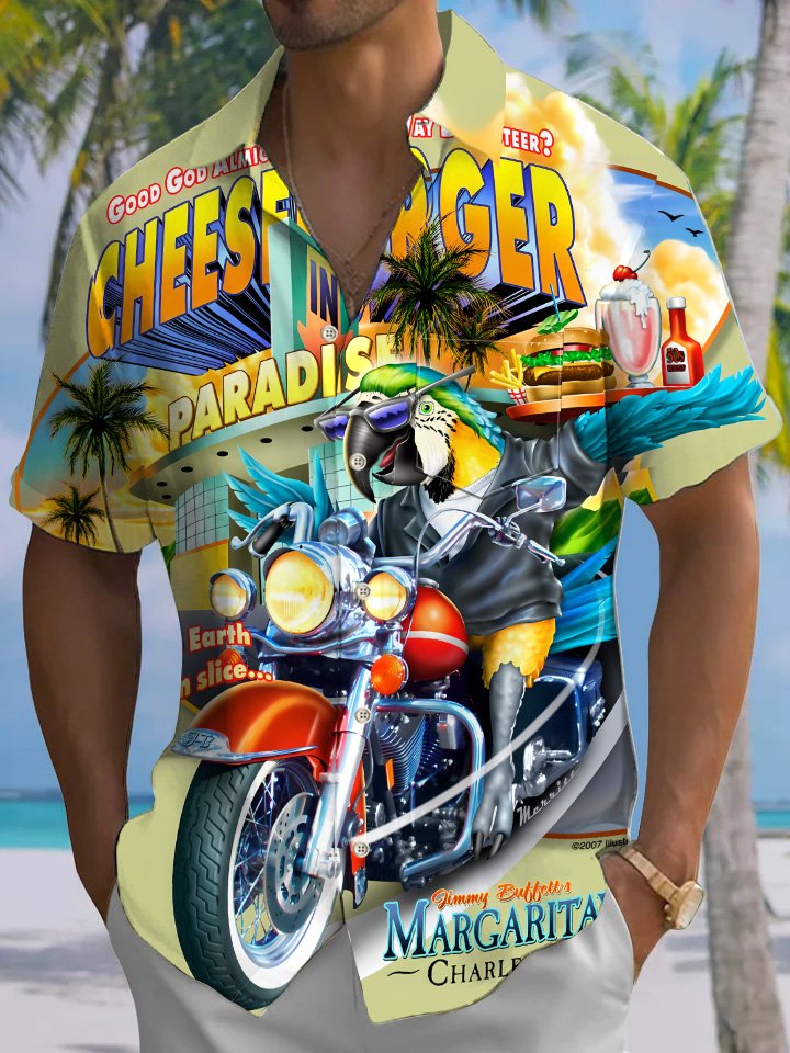 Alohadaddy Casual Parrot Motorcycle Art Print Moisture Wicking Chest Pocket Hawaiian Short Sleeve Shirt
