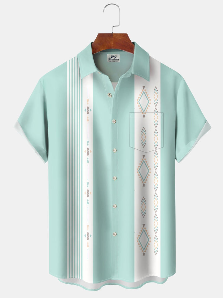 Alohadaddy® Casual Stripe Geometric Print Art Chest Pocket Elastic Oversized Hawaiian Cuban Collar Shirt