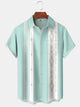 Alohadaddy® Casual Stripe Geometric Print Art Chest Pocket Elastic Oversized Hawaiian Cuban Collar Shirt