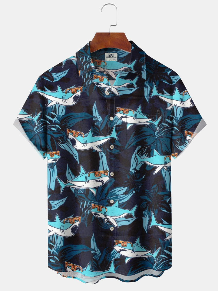 Alohadaddy® Shark Palm Trees Art Print Pockets Moisture Wicking Hawaiian Shirt Big &amp; Tall